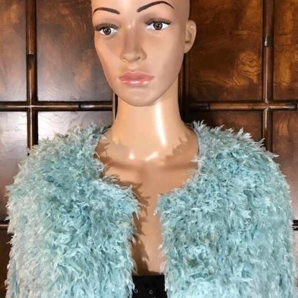 NWOT Colleen Lopez Aqua Faux Feather Jacket - Picture 6 of 13